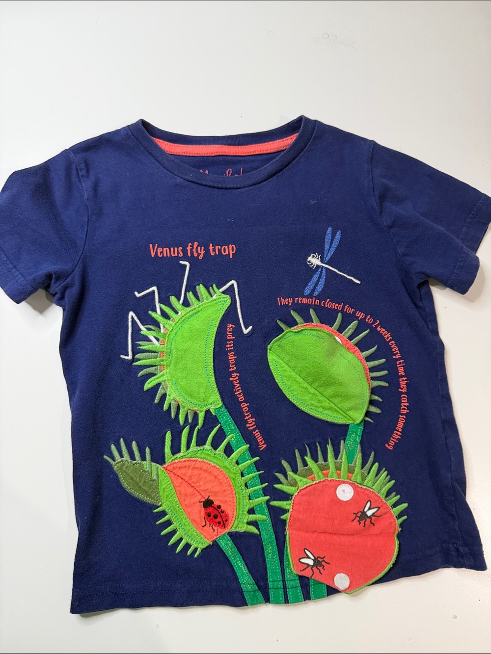 Mini Boden Navy Tee with Green and Red Venus Flytrap Appliqués